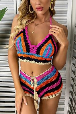 Knitted multicolored stripe bikini separate swimsuit set.