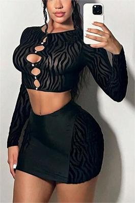 Round Neck Tiger Stripe Hollow Out Long Sleeve Button Bodycon Skirt