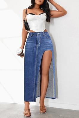 High-Slit Denim Midi Skirt