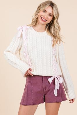 Ribbon Threaded Cable Knit Sweater Top