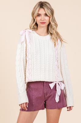 Plus Ribbon Threaded Cable Knit Sweater Top