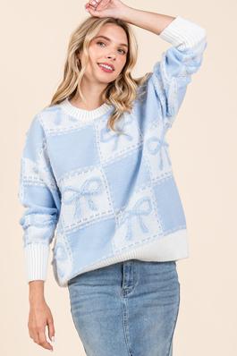 Checker Pattern Bow Embroidered Knit Sweater
