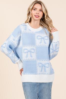 Plus Checker Pattern Bow Embroidered Knit Sweater
