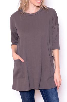KNIT SOLID TUNIC TOP WITH POCKET