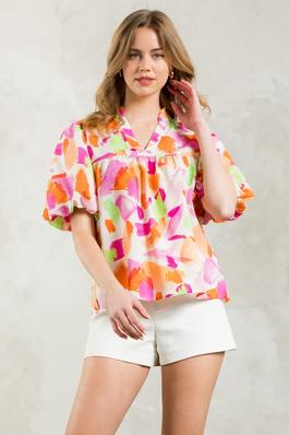 Puff Sleeve Multi Color Print Top