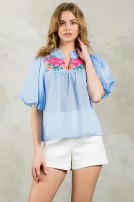 Puff Slevee Embroidered Striped Top