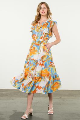 Flutter Sleeve Tiered Multi Color Dress
