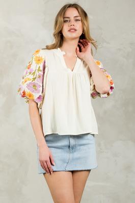 Embroidered Puff Sleeve V-Neck Top