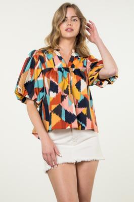 Multi Color Pattern Puff Sleeve Top