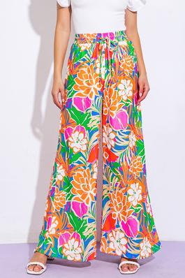 Elastic Waist with Tie Wide Leg Woven Floral Pant