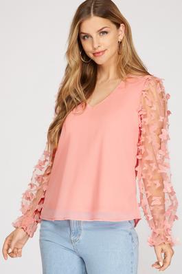 3D Butterfly Mesh Sleeve V Neck Woven Solid Top