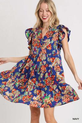 Notched Neck Ruffled Sleeve Tiered Floral Dress