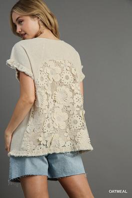 Linen Back Lace Contrast Short Sleeve Solid Top
