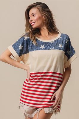 Star and Stripe Block Roll Up Short Sleeve Top