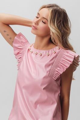 Faux Leather Pearl Detail Ruffled Short Sleeve Top
