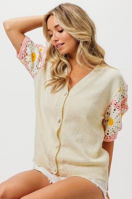 Flower Crochet Short Sleeve Button Down Cardigan