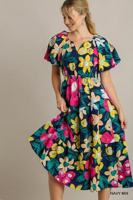 Puff Sleeve Floral Midi Dress