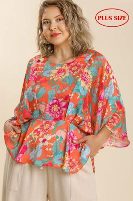 Plus Size Boho Floral Pintucked Kimono Blouse