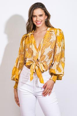 Collared V Neck Long Sleeve Front Tie Print Top
