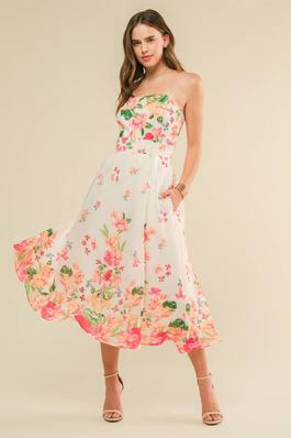 Strapless Straight Neck Floral Border Print Dress