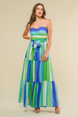 Strapless Sweetheart Neck Tiered Print Maxi Dress