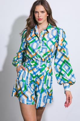 Collared Button Down Long Sleeve Print Romper