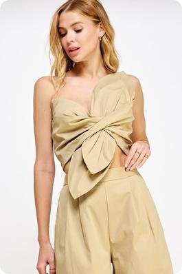 One Shoulder Knotted Bow Detail Twill Crop Top