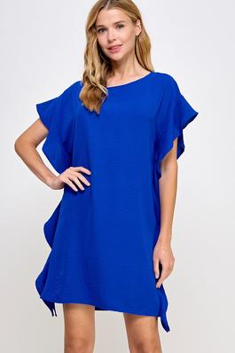 Round Neck Cascading Side Ruffle Woven Solid Dress