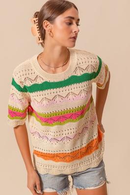 Mixed Pattern Multi Color Stripe Open Knit Sweater