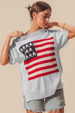 America Flag Pattern Reverse Seam Solid Sweater