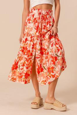 Elasticized Waist Band Tiered Floral Midi Skirt