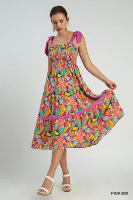 Solid Strap and Ric Rac Trim Tiered Print Dress