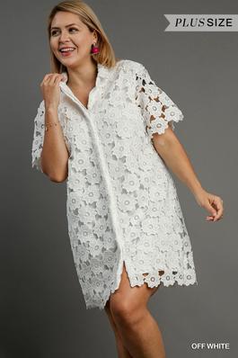 Plus Size Collared Button Down Floral Lace Dress