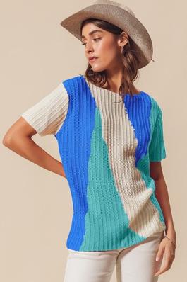 Boat Neck Short Sleeve Multi Colored Sweater Top