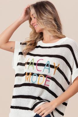 Vacay Mode Lettering Short Sleeve Striped Sweater 