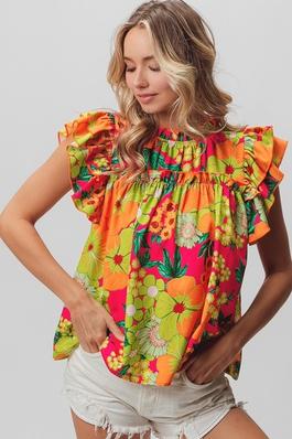 Mock Neck Layered Ruffle Short Sleeve Floral Top