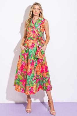 Collared Wrapped Side Tie Sleeveless Print Dress