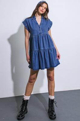 Collared V Neck Short Sleeve Tiered Twill Dress