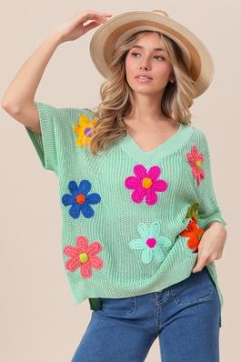 Crochet Flower Patch V Neck Short Sleeve Sweater