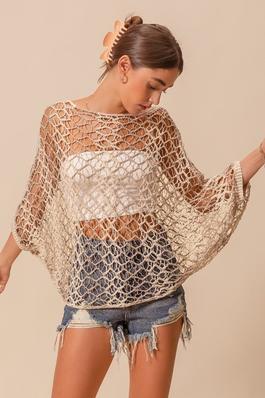 Crochet Open Knit Batwing Sleeve Cover Up Top