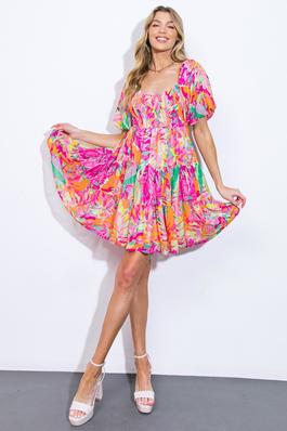 Sweetheart Neck Short Sleeve Tiered Print Dress