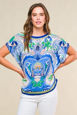 Round Neck Short Sleeve Woven Print Top