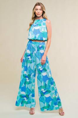 Printed Woven Plisse Top and Wide Leg Pant Set