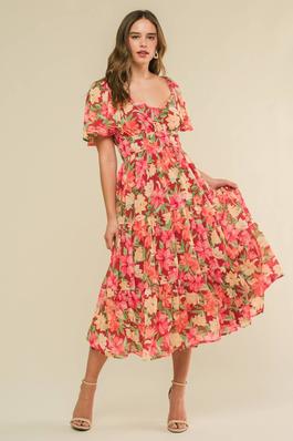 Sweetheart Short Sleeve Tiered Floral Midi Dress