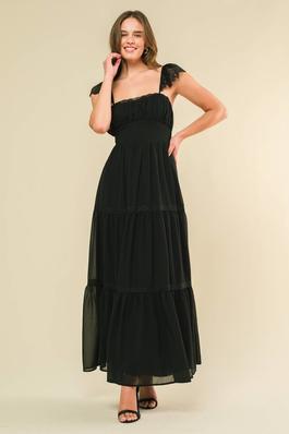 Ruffled Lace Shoulder Tied Back Tiered Maxi Dress