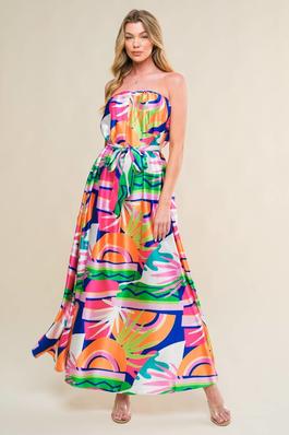Satin Effect Strapless Waist Tie Print Maxi Dress