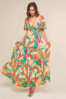 Sweetheart Short Sleeve Tiered Print Maxi Dress