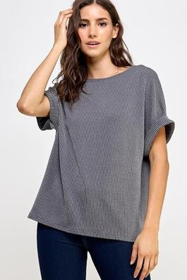 Boat Neck Roll Up Dolman Sleeve Textured Rib Top