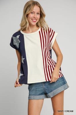 Star Sequin Round Neck American Flag Print Top