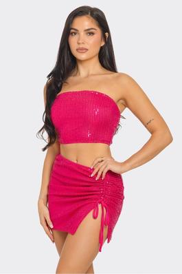 Sequin Cropped Tube Top and Ruched Mini Skirt Set